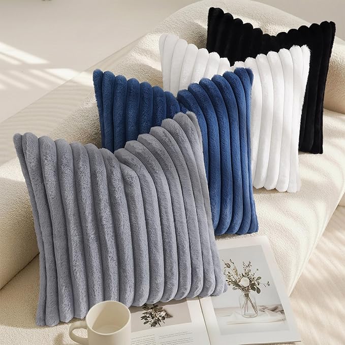 decorUhome Cozy Faux Fur Throw Pillow Covers 16x16 Set of 2 Decorative Soft Plush Striped Modern Farmhouse Boho Couch Pillow Cases with Velvet Back for Sofa Bed Living Room, Blue