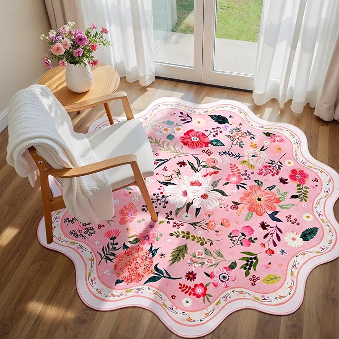 Macgace Pink Round Rug for Girls Bedroom, 5ft Machine Washable Floral Area Rugs with Non Slip Backing, Cute Flower Carpet Kitchen Living Room Kids Playroom Decor
