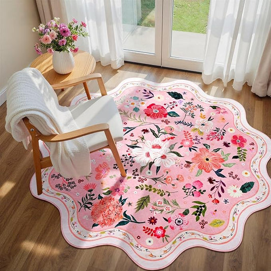 Macgace Pink Round Rug for Girls Bedroom, 5ft Machine Washable Floral Area Rugs with Non Slip Backing, Cute Flower Carpet Kitchen Living Room Kids Playroom Decor