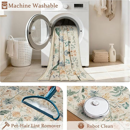 5x7 Area Rugs Washable Rug: Lagre Boho Living Room Rug Soft Non-Slip Thin Carpet Indoor Floor Non-Shedding Neutral Floral Carpets for Bedroom Dining Room Farmhouse Nursery Beige