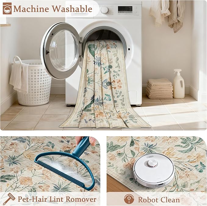 6x9 Area Rugs Washable Rug: Lagre Boho Living Room Rug Soft Non-Slip Thin Carpet Indoor Floor Non-Shedding Neutral Floral Carpets for Bedroom Dining Room Farmhouse Nursery Beige