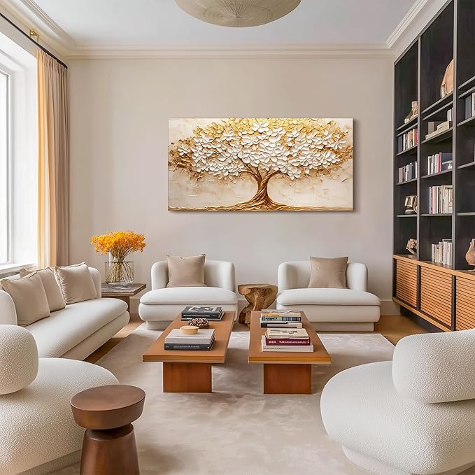crmotu Tree of Life Wall Art, White Gold Tree Extra Large Canvas Paintings, Nature Landscape Abstract Art Prints, Modern Aesthetic Pictures Wall Decor Living Room Office Ready to Hang 29x57 Inch