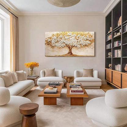 crmotu Tree of Life Wall Art, White Gold Tree Extra Large Canvas Paintings, Nature Landscape Abstract Art Prints, Modern Aesthetic Pictures Wall Decor Living Room Office Ready to Hang 29x57 Inch