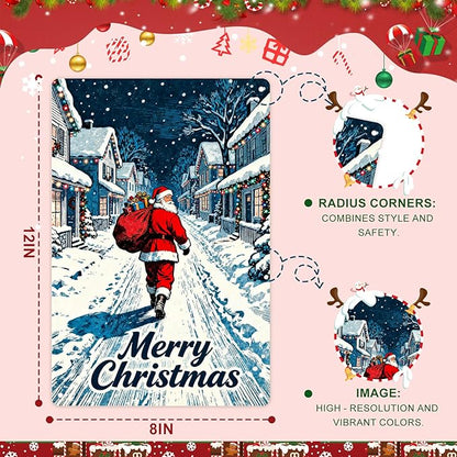 Vintage Christmas Metal Wall Decor Decorations Outdoor - 12x8 Inches Retro Santa Claus Snow Town Sign for Home Kitchen Holiday Gathering Spaces.
