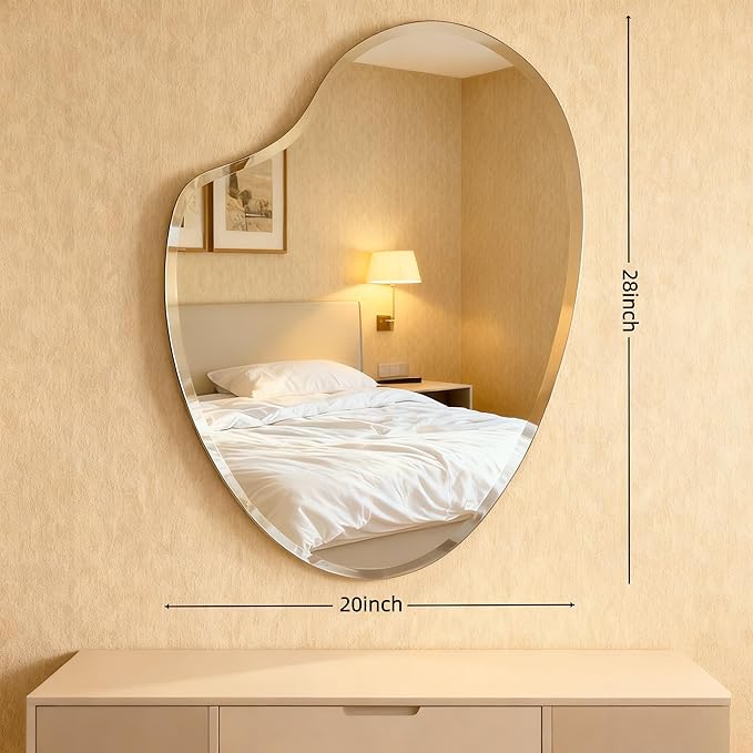 Frameless Asymmetrical Heart Shaped Wall Mirror, 20x28 Inch Beveled Edge Decorative Vanity Mirror for Bathroom, Bedroom, Entryway