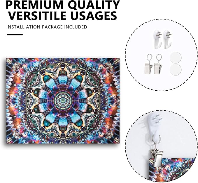 PRRPRR Blacklight Trippy Mandala Tapestry - UV Reactive Glow in the Dark Wall Hanging, Neon Psychedelic Boho Posters for Bedroom, Aesthetic Dorm Room Decor, Party Backdrop (Mandala Blue, 90"x70")