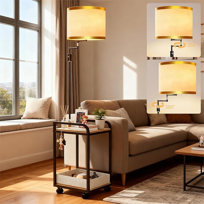 Lightdot 63IN Floor Lamps withTable&Basket, Modern Standing Tall Lamps with Adjustable Fabric Shade and Movable Casters, End Table Lamp for Living Room/Sofa Beside/Corner Decor-Black(Bulb Included)