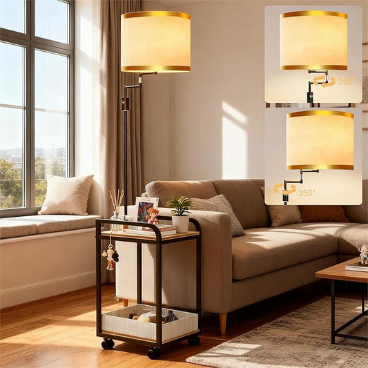 Lightdot 63IN Floor Lamps withTable&Basket, Modern Standing Tall Lamps with Adjustable Fabric Shade and Movable Casters, End Table Lamp for Living Room/Sofa Beside/Corner Decor-Black(Bulb Included)