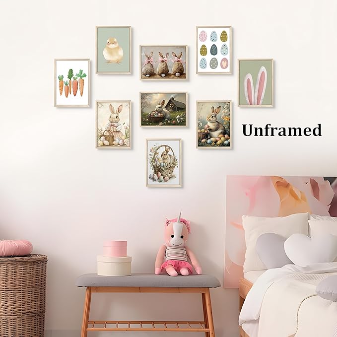 9 Pcs Easter Bunny Wall Decor, Vintage Holiday Wall Art Painting, Rustic Easter Egg Décor Oil Paintings, Fun Rabbit Canvas Poster Print Picture, Vintage Home Decor Animals Artwork Prints 8''x10'' Unframed