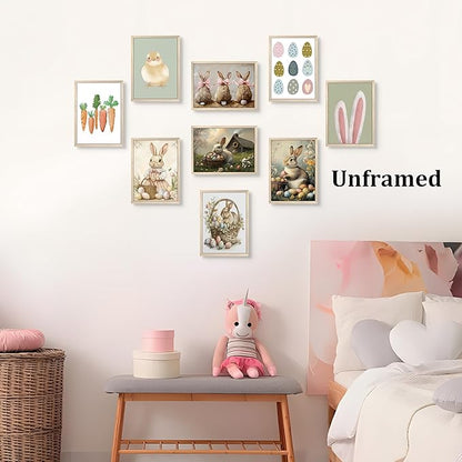9 Pcs Easter Bunny Wall Decor, Vintage Holiday Wall Art Painting, Rustic Easter Egg Décor Oil Paintings, Fun Rabbit Canvas Poster Print Picture, Vintage Home Decor Animals Artwork Prints 8''x10'' Unframed