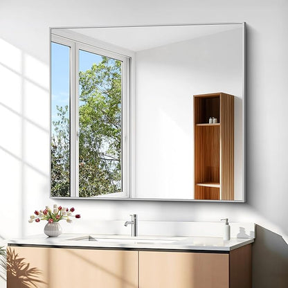 DESBING 36" x 40"Bathroom Mirror, Silver Rectangle Corner Wall Mirror with Metal Frame, Decorative Rectangular Vanity Mirror for Bedroom Bathroom Living Room Entryway (Horizontal/Vertical)