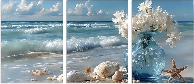 TutuBeer Beach Bathroom Canvas Wall Art Starfish with White Flower Coastal Pictures Wall Art Canvas Seascape Poster Seaside Seashell Painting Print Artwork for Living Room Bedroom 12"x16"x3 Pcs