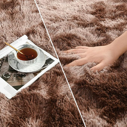Deerhoo Large Shag Area Rugs 5 x 8, Tie-Dyed Plush Fuzzy Rugs for Living Room, Ultra Soft Fluffy Furry Rug for Bedroom, Indoor Carpet Nursery Rugs for Kids Room Home Decor, Coffee