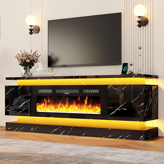 chartustriable 71IN LED TV Stands w/40 inch Fireplace Power Outlet for 85/80/75 Inch TVs,High Glossy Modern TV Media Console Gaming with 2 Storage Cabinets,Dual LED Lights,Black Marble