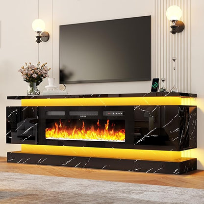 chartustriable 71IN LED TV Stands w/40 inch Fireplace Power Outlet for 85/80/75 Inch TVs,High Glossy Modern TV Media Console Gaming with 2 Storage Cabinets,Dual LED Lights,Black Marble