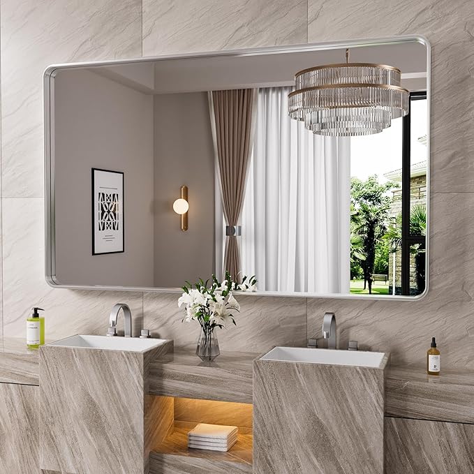 JISOSO Brushed Nickel Bathroom Mirror 60x28 Inch, Brushed Silver Metal Frame Mirror Wall Mounted, Rounded Rectangle Bathroom Vanity Mirror, Tempered Glass, Anti-Rust, Horizontal/Vertical