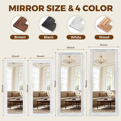 Full Length Wood Mirror 71x30 - Rustic Solid Wood Floor Mirror with Triple Layer Frame, HD Tempered Glass, Wall Mounted or Leaning Standing Mirror Vintage White Mirror for Bedroom Bathroom Living Room