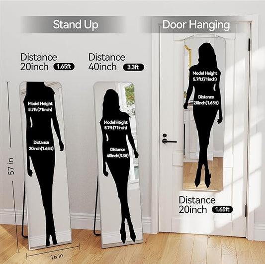 SCWF-GZ Rectangle 57x16 Mirror Full Length Wall Mounted Hanging or Against Wall Metal Frame Dressing Make-up Mirrors for Entryway Bedroom Bathroom Living Room 57 16 inch Silver