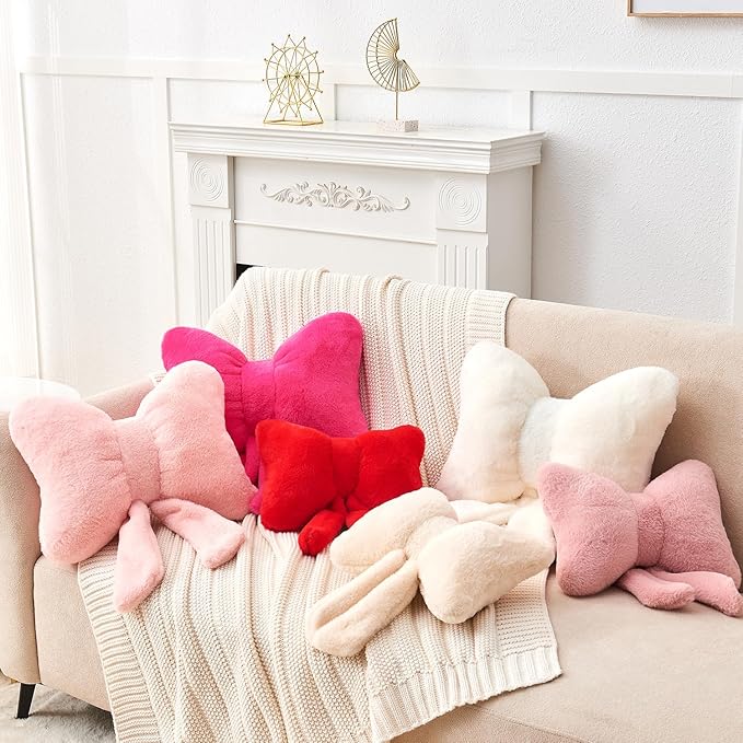 Ivory Bow Pillow,12'' Bow Decorative Pillows with Faux Rabbit Fur,Soft Bow Throw Pillows Aesthetic Bow Shaped Pillow for Bed Sofa Couch Home Decor