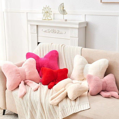 Ivory Bow Pillow,12'' Bow Decorative Pillows with Faux Rabbit Fur,Soft Bow Throw Pillows Aesthetic Bow Shaped Pillow for Bed Sofa Couch Home Decor