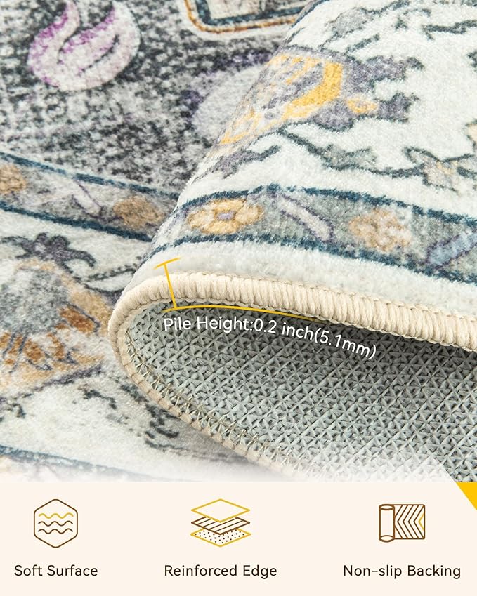 RELEANY Area Rugs Round 10ft Washable Non-Slip, Floral Vintage Distress Print Pattern Medallion Carpet for Living Room Bedroom Dining Room, Light Yellow Carbon Grey Orange