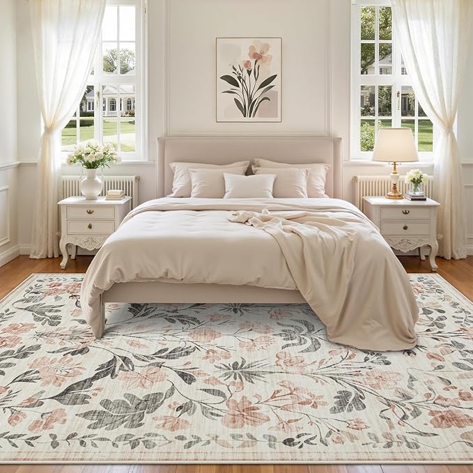 Area Rugs 9x12 Living Room: Lagre Boho Living Room Rug Soft Non-Slip Thin Carpet Indoor Floor Non-Shedding Neutral Floral Carpets for Bedroom Dining Room Farmhouse Nursery Pink