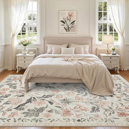 Area Rugs 9x12 Living Room: Lagre Boho Living Room Rug Soft Non-Slip Thin Carpet Indoor Floor Non-Shedding Neutral Floral Carpets for Bedroom Dining Room Farmhouse Nursery Pink