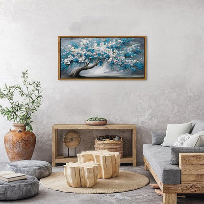 Blue Tree of Life Wall Art Framed Bedroom Decor Abstract White Daisy Flower Picture for Living Room Colorful Botanical Canvas Print Nature Floral Painting Modern Artwork Bathroom Home Decoration 20x40