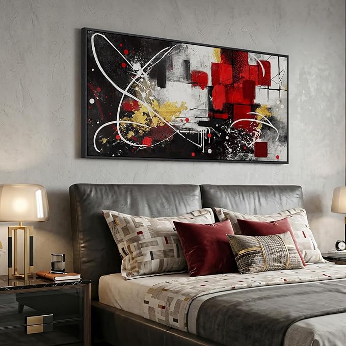 Extra Large Framed Red Black and White Abstract Wall Art for Living Room, Modern Canvas Prints Horizontal Artwork for Walls, Red Gold Geometric Pictures for Dining Bedroom Hallway Wall Decor 30x60 In