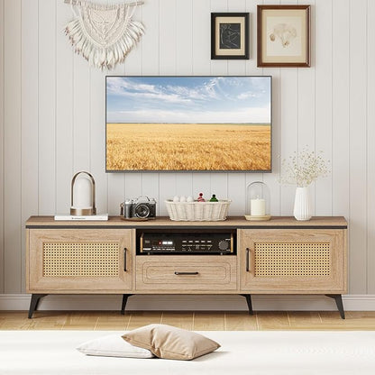 Giantex TV Stand for 60/65 Inch TV, Boho Entertainment Center with Storage Cabinets, Drawer and Rattan Doors, Wooden Media TV Console Table for Living Room, Bedroom, Entryway