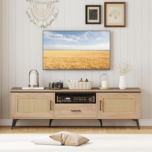 Giantex TV Stand for 60/65 Inch TV, Boho Entertainment Center with Storage Cabinets, Drawer and Rattan Doors, Wooden Media TV Console Table for Living Room, Bedroom, Entryway