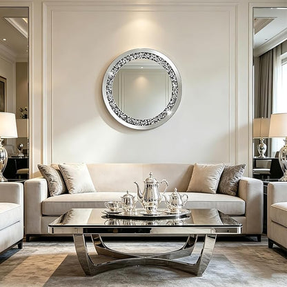 28 Inch Crushed Diamond Round Glass Wall Mirror, Bathroom Mirror, Wall Decoration Hanging Mirror, Suitable for Living Room, Bedroom, Vanity
