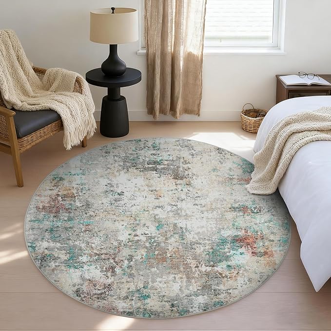 ROYHOME Modern Abstract 4x4 Round Area Rug Non Slip Non Shedding Rug Low Pile Stain Resistant for Bedroom Living Room Office Dining Room,Colorful