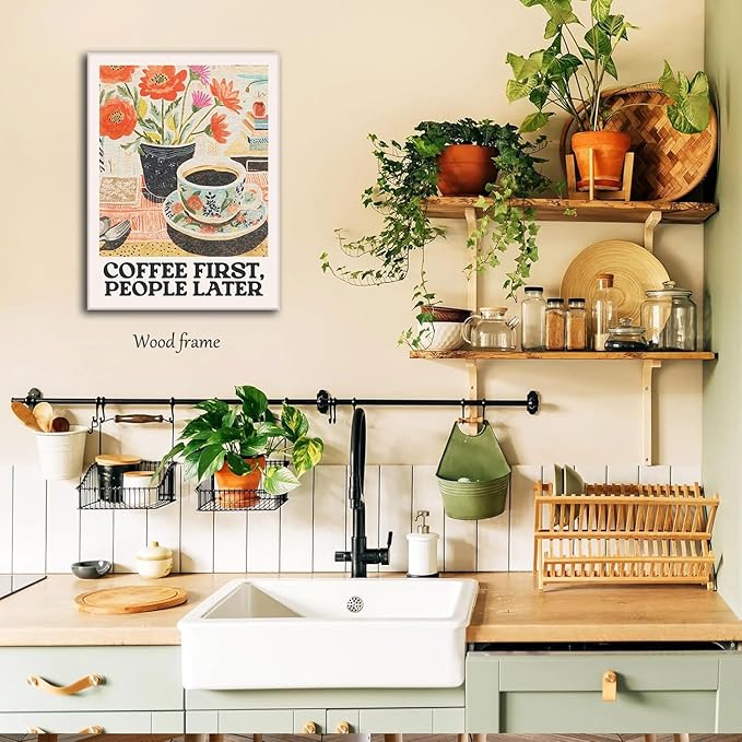 Vintage Coffee Kitchen Canvas Wall Art Set of 3, Fashion Aesthetic Flowers Espresso Poster Picture, Simple Travel Drinks Wall Decor Painting Prints for Dining Room Cafe Bar 12x16 Inch Framed