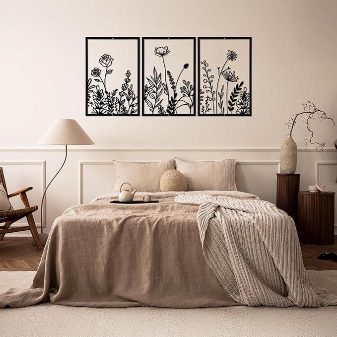 Sanwarm 3 Pieces Metal Flowers Wall Decor, Black Wall Art Decors Floral Herbs Line Sculpture Rose Daisy Eucalyptus Leaves Hanging Decoration for Home Kitchen Living Room Bedroom Garden Office