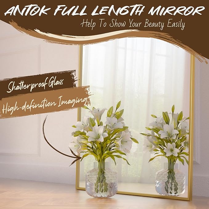 Antok Arched Full Length Mirror, 56"x14" Gold Metal Frame Floor Mirror for Bedroom Living Room, Freestanding/Wall Mount/Leaning