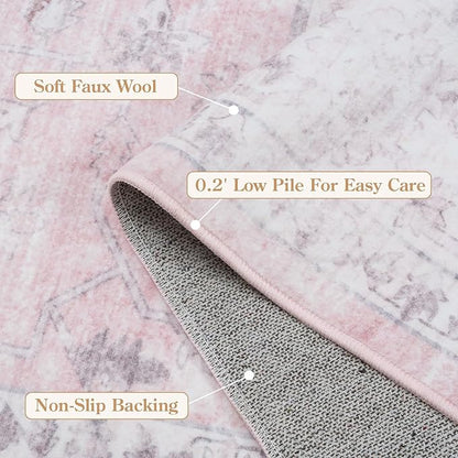 LIVEBOX Pink 9x12 Area Rug for Bedroom Girls, Boho Washable Rugs for Living Room Nursery, Non-Slip Indoor Soft Carpet Low-Pile Farmhouse Carpets for Dining Room Kids Playroom, Pink