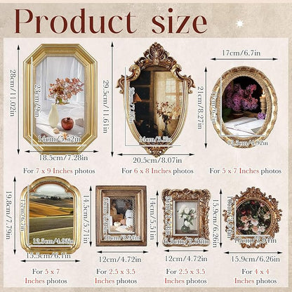 Wonderjune 7 Pcs Vintage Picture Frames Set with Glass Front Antique Gold Gallery Wall Frames 7x9 6x8 5x7 4x6 2x3, Baroque for Home Decor Photography Props Gifts, Wall or Tabletop (Classical)