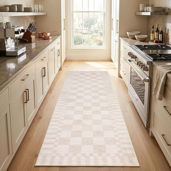 GarveeHome 2.5×8 Kitchen Runner Rug Non Slip,Beige Checkered Rug,Washable Runner Rug for Hallway Soft Low-Pile Geometric Checkerboard Rugs for Entryway Kitchen Dining Room