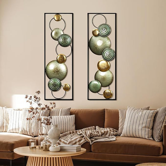 LuxenHome 2 Pieces Metal Wall Art, 36" x 12" Multi-Color Circles Abstract Rectangular Metal Wall Decor, Minimalist Wall Décor for Home, Living Room, Bedroom, Dining Room