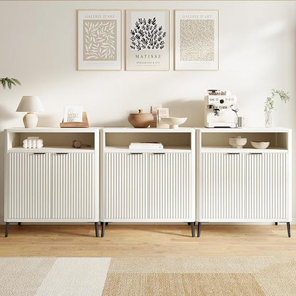 Fatmok Fluted Buffet Cabinet with Storage Set of 2, 31.4" Wide Wood Sideboard Credenza with 2 Doors & Open Storage Shelf, Modern Coffee Bar Table for Living Room Kitchen Dining Room,White