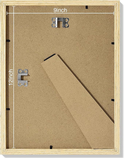 Vittanly 9x12 Picture Frames Set of 9, Shatter Resistant Plexiglass, Display 6x8 Pictures with Mat or 9x12 without Mat, Photo Frames for Wall or Tabletop, Engineered Wood, OAK