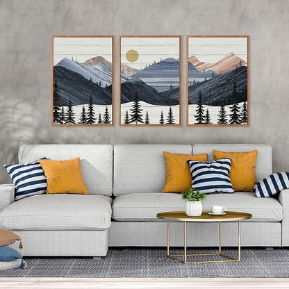 KAIRNE Mountain Canvas Wall Art,Abstract Landscape Wall Decor Set of 3(16”X24”),Sunrise Pine Forest Nature Prints,Wilderness Scenery Pictures for Living Room Bedroom Farmhouse Office Decor,Framed