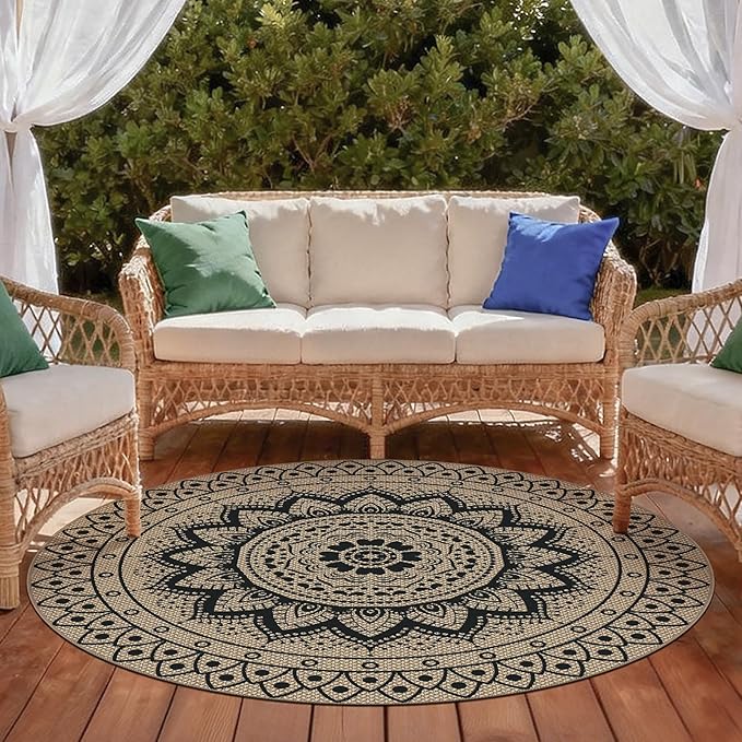 Easy Jute Outdoor Round Rug, 5ft Washable Indoor Outdoor Patio Rug, Black Non Slip Round Area Rug Farmhouse, Boho Carpet for Backyard Patio