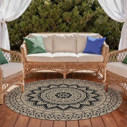 Easy Jute Outdoor Round Rug, 5ft Washable Indoor Outdoor Patio Rug, Black Non Slip Round Area Rug Farmhouse, Boho Carpet for Backyard Patio