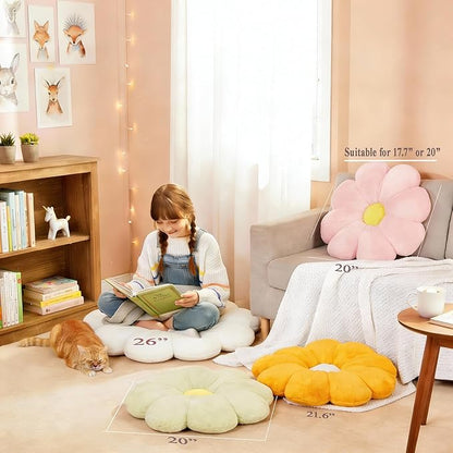 Large 21.6" Yellow Flower Pillow Floor & Office Chair Cushion – Faux Rabbit Fur Plush Decorative Pillow, Comfortable Gift for Girls Adults