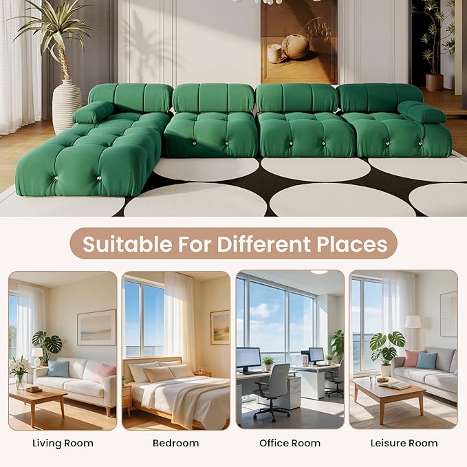 138'' Modular Sectional Couch, L-Shaped Velvet Sofa with Reversible Chaise Ottoman, Minimalist Bubble Couch, Modern Green Sectional Couches for Living Room, Apartment (4 Seats, 1 Ottoman, Green)