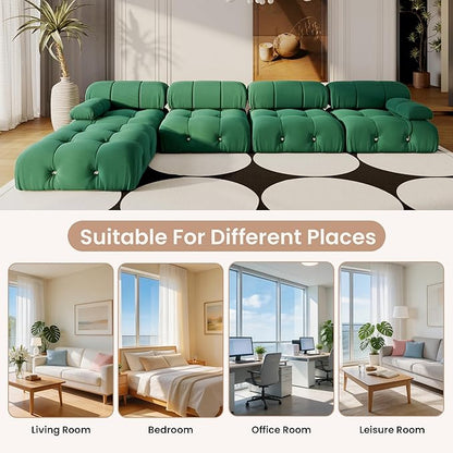138'' Modular Sectional Couch, L-Shaped Velvet Sofa with Reversible Chaise Ottoman, Minimalist Bubble Couch, Modern Green Sectional Couches for Living Room, Apartment (4 Seats, 1 Ottoman, Green)