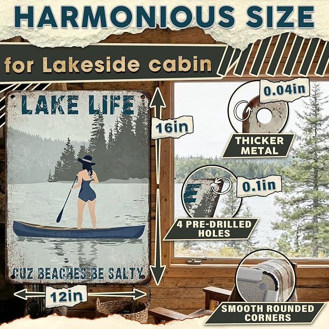 Lake Life Decor Tin Sign - Rustic Metal Wall Art for Cabin, Lakehouse & Porch - Weatherproof 12x16 Inches