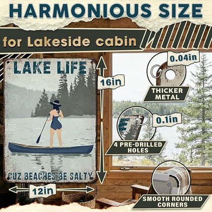 Lake Life Decor Tin Sign - Rustic Metal Wall Art for Cabin, Lakehouse & Porch - Weatherproof 12x16 Inches